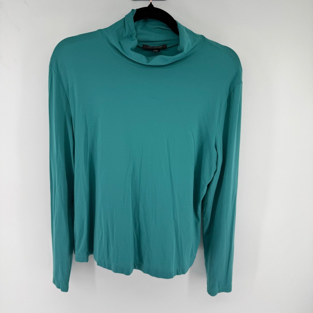 St. John Mock Neck Top Womens L Teal Green Nylon Spandex Long Sleeve Chic Luxury